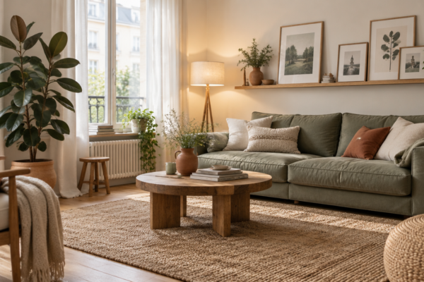 Living luminos cu canapea, covor texturat, plante și tablouri sprijinite pe un raft, într-un apartament de închiriat