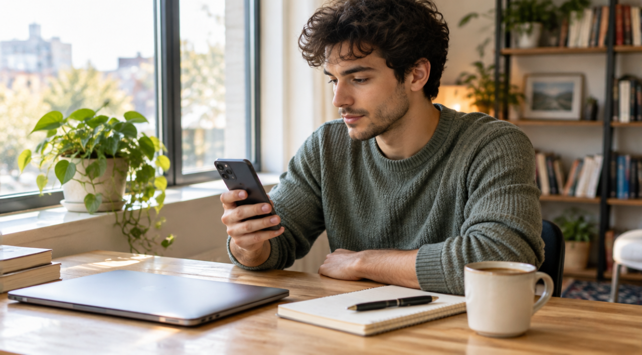 Un blogger citește pe telefon la o masă de lucru, lângă un laptop închis și o cană de cafea