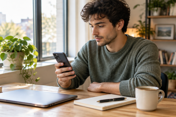 Un blogger citește pe telefon la o masă de lucru, lângă un laptop închis și o cană de cafea