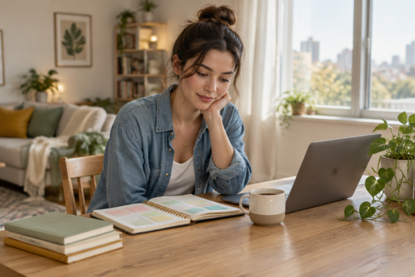 Tânără la o masă de lemn, cu un caiet de buget, o cană de cafea și un laptop, într-un living luminos